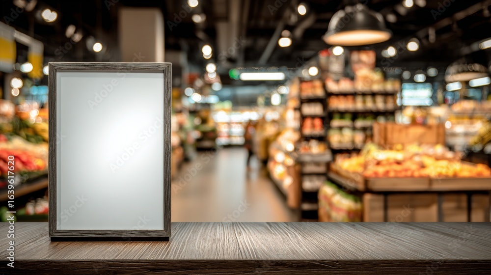 Fototapeta premium Blank Sign on Wooden Table in Grocery Store Aisle, Mock Up for Advertisement, Commercial Use