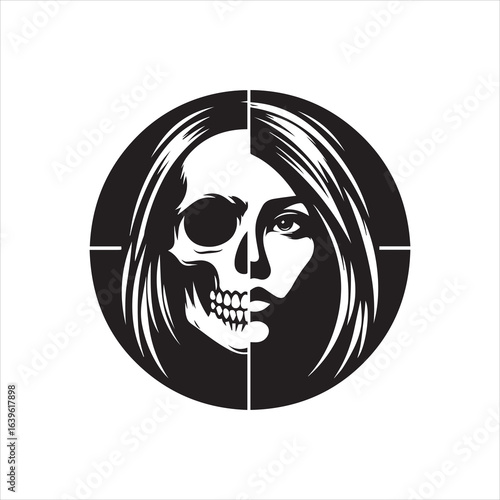 Half Skull Half Face Graphic in Black and White Circular Design.