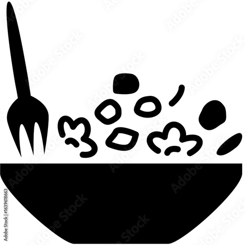 Simple graphic icon of a meal in a bowl with a fork, representing healthy eating, diet, and nutrition concepts. A minimalist illustration for food-related designs.