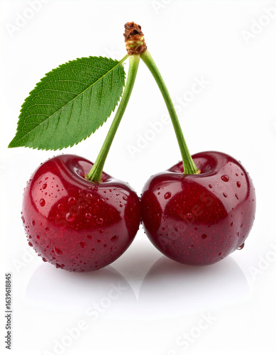 Two ripe cherries with water droplets and a leaf on a white background.