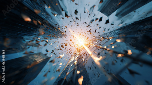 Arrow breaking through glass ceiling with glowing light around it.