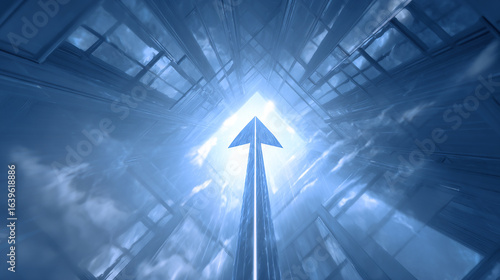 Arrow breaking through glass ceiling with glowing light around it.