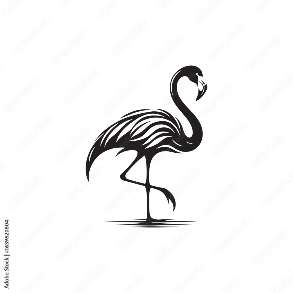 Naklejka premium Graceful Flamingo Silhouette Vector Art – Elegant Wading Bird with Long Neck and Legs, Minimal Black Outline Perfect for Tropical Wildlife Themes, Nature Logos, and Decorative Prints 