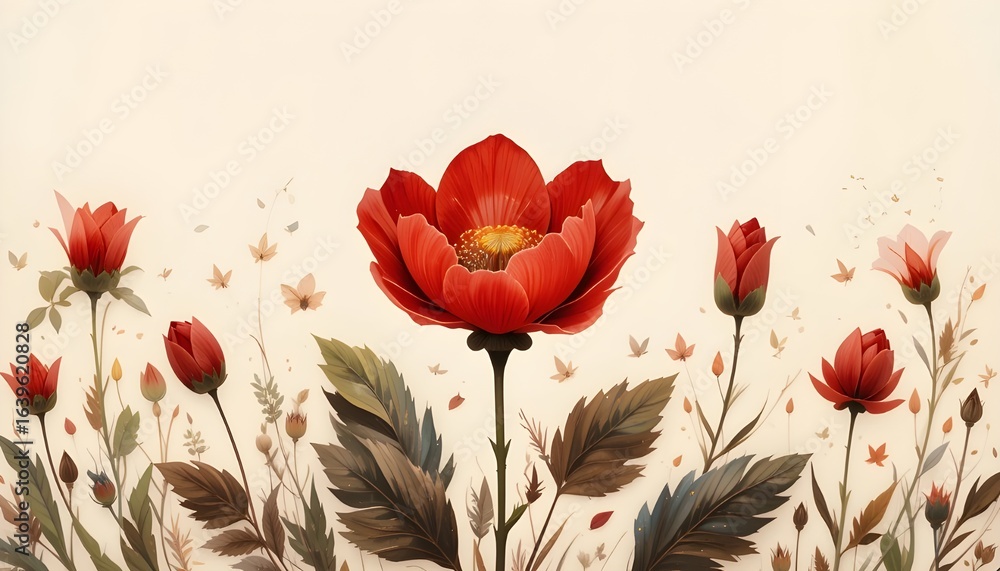 Obraz premium Illustration de Fleur Pavot Rouge sur Fond Crème