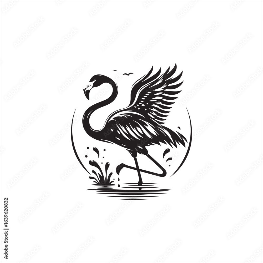 Fototapeta premium Graceful Flamingo Silhouette Vector Art – Elegant Wading Bird with Long Neck and Legs, Minimal Black Outline Perfect for Tropical Wildlife Themes, Nature Logos, and Decorative Prints 