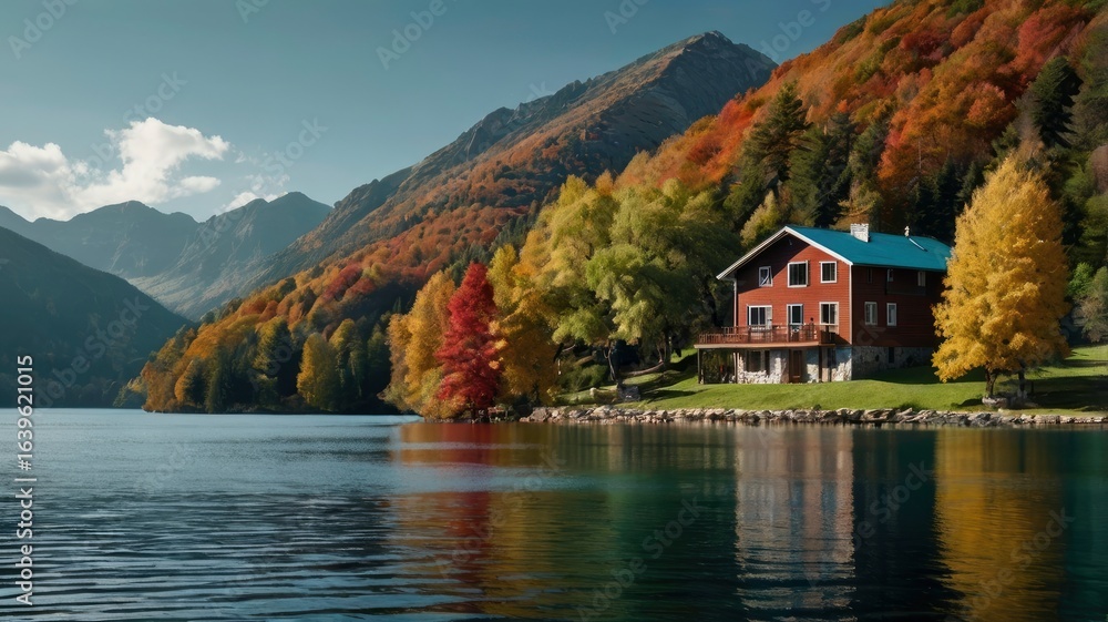 Fototapeta premium autumn landscape with lake and mountains