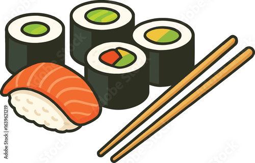 Colorful Sushi Assortment with Salmon Nigiri and Maki Rolls Illustration