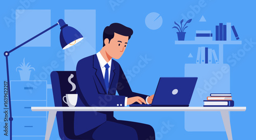 Man in suit working on laptop in office with desk lamp