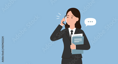 Businesswoman on the phone holding papers with a speech bubble