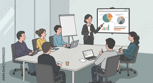 A business meeting with a presenter and attendees around a conference table