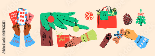 Hands with holiday preparations. Creative festive activities. Human arms actively wrapping gifts and decorating. Seasonal items like gingerbread and greeting cards. Handmade DIY holiday joy.