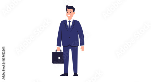 A man in a blue suit and tie holds a briefcase