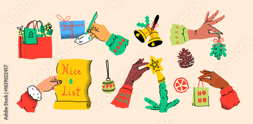 Hands with holiday preparations. Creative festive activities. Human arms actively wrapping gifts and decorating. Seasonal items like gingerbread and greeting cards. Handmade DIY holiday joy.