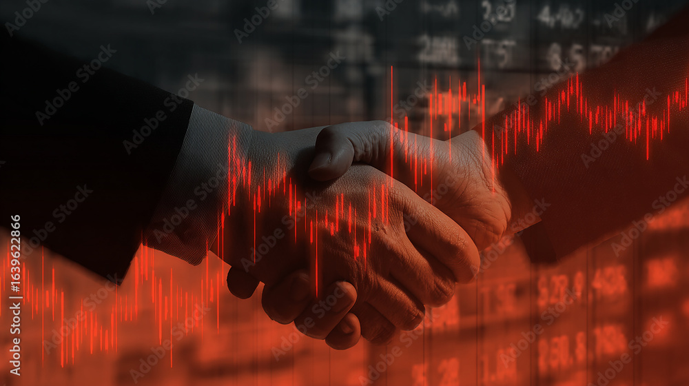 Fototapeta premium Handshake between partners with overlay of rising chart and numbers.