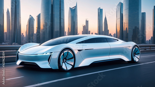 A sleek white electric car speeds through a modern city at sunset, showcasing futuristic design and speed.