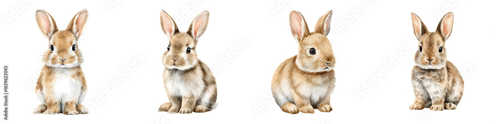 Obraz premium Watercolor Illustration of Cute Bunnies Sitting on White Background