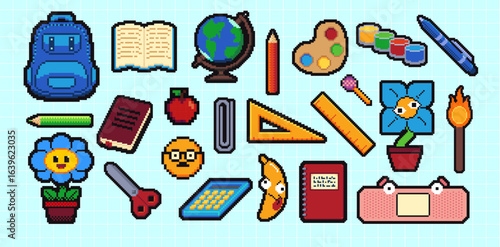 Abstract back to school supplies pixelated icons. Retro 8 bit pixel art icon set, university, education items