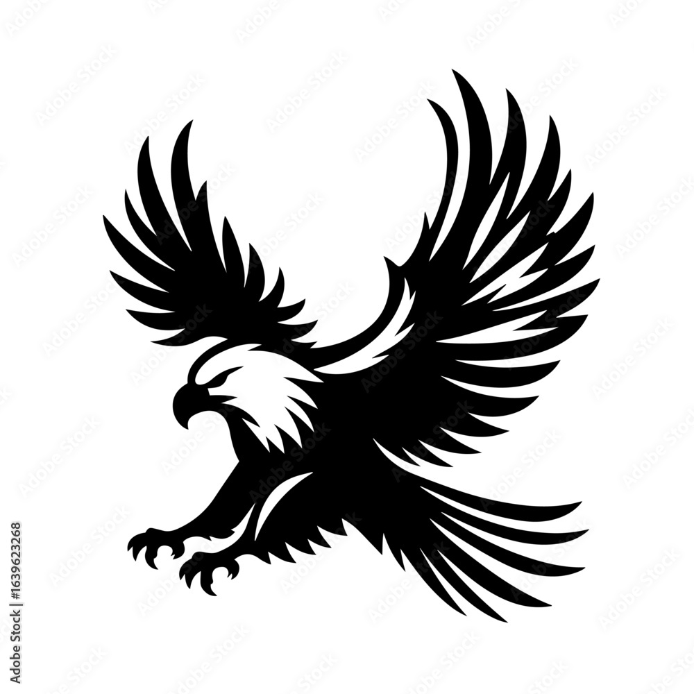 Fototapeta premium Black and white silhouette vector of on eagle white background 