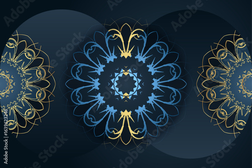 Ornamental sunflower mandala with symmetrical floral motifs in blue and gold on dark green background for artistic decoration