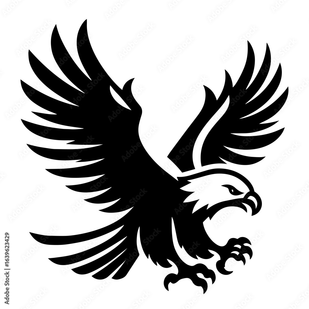 Fototapeta premium Black and white silhouette vector of on eagle white background 