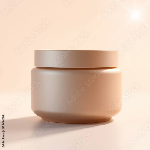Minimalist beige cream jar mockup bathed in warm sunlight on a neutral background.