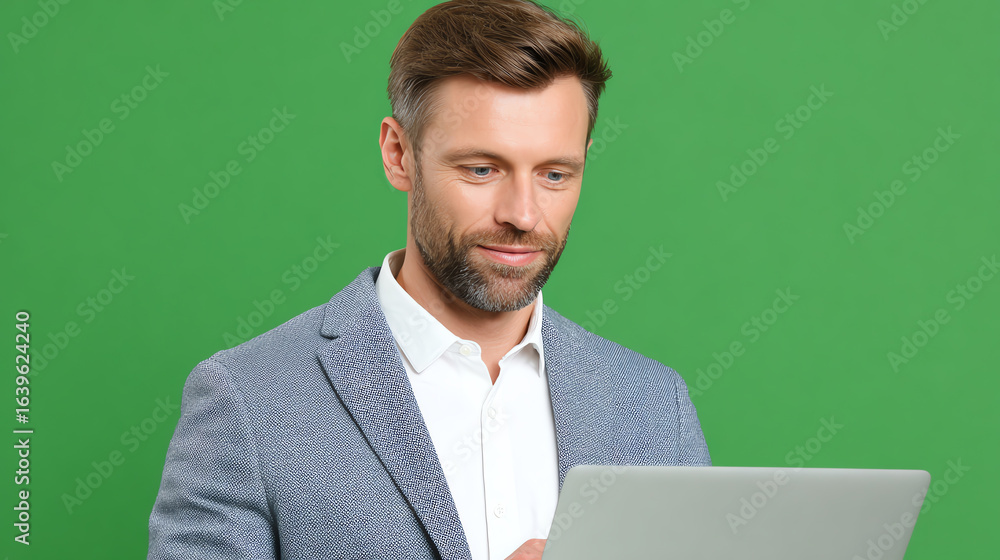 Confident businessman using a laptop while smiling, showcasing professionalism and modern technology against a green background. Confident businessman using a laptop while smiling, showcasing professionalism and modern technology against a green background.