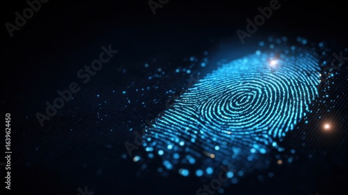 Wallpaper Mural A digitally enhanced fingerprint, illuminated with vibrant blue hues, is depicted against a stark black background, symbolizing security and identification. Torontodigital.ca