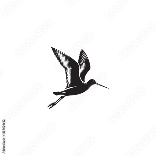 Elegant Godwit Silhouette Vector Art – Long-Legged Shorebird with Straight Beak, Minimal Black Outline Perfect for Coastal Wildlife Themes, Nature Logos, Wetland Illustrations, and Decorative Prints
