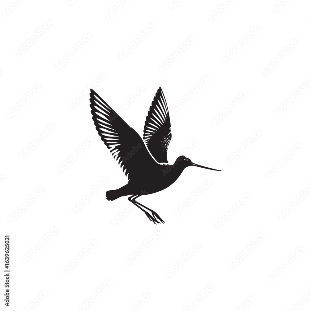 Fototapeta premium Elegant Godwit Silhouette Vector Art – Long-Legged Shorebird with Straight Beak, Minimal Black Outline Perfect for Coastal Wildlife Themes, Nature Logos, Wetland Illustrations, and Decorative Prints 