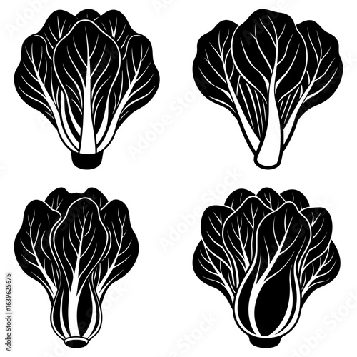 Four bok choy heads displayed in a square arrangement with black and white contrasting colors and shapes