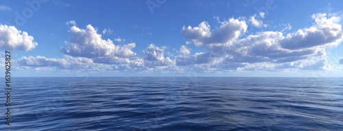 Vast ocean meets a clear blue sky, dotted with fluffy white clouds