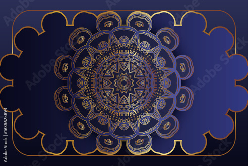 Symmetrical floral mandala in blue and gold with sunflowers and ornamental design elements ideal for art prints and decoration