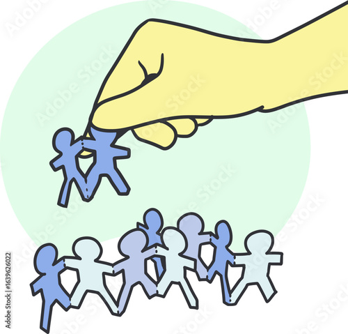 Hand Lifting Individual from Paper Chain Vector. Symbolizing selection, recruitment, leadership, or decision-making. Ideal for HR, business strategy, and social impact themes.