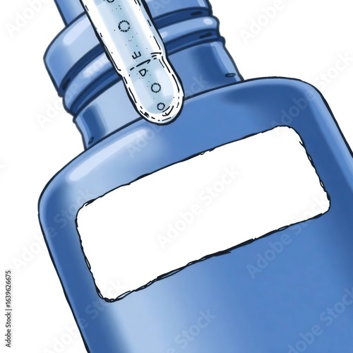 Hand-drawn illustration of a blue dropper bottle with a blank label for custom text, closeup view.