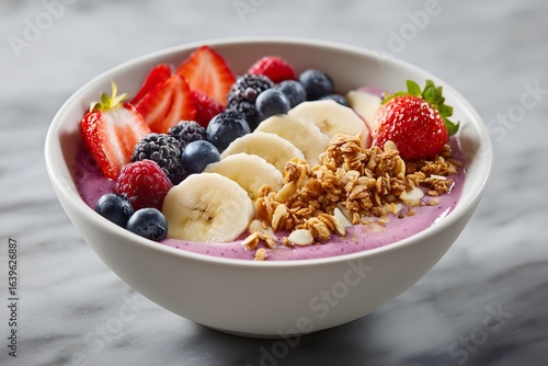 A bowl of healthy  yogurt cereal with blueberries, strawberries, and bananas. Granola.