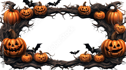 Spooky Halloween pumpkins and bats on gnarled branches frame for your eerie designs, set a chilling mood, perfect for invitations, posters, and seasonal promotions