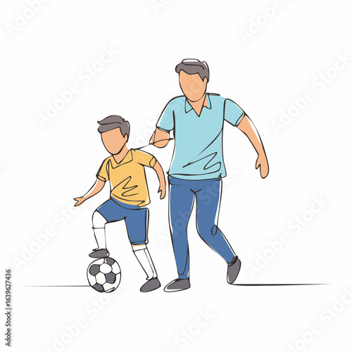 Father and son happily playing soccer together in a park on a sunny day illustrating family bonding and outdoor activities.