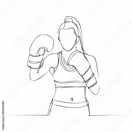 Minimalist line art illustration of a female boxer in a fighting stance wearing boxing gloves and sportswear ready for combat