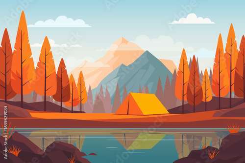 Autumn camping outdoors in the mountains near the lake. Tent in a beautiful autumn forest on the lake shore. Vector illustration of autumn mountain landscape. Hiking and adventure concept.