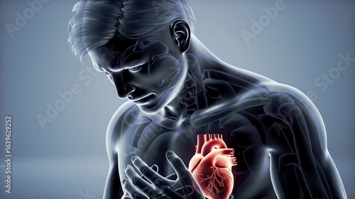 Medical illustration of man with chest pain, heart highlighted, concept of heart attack, myocardial infarction, and cardiovascular disease