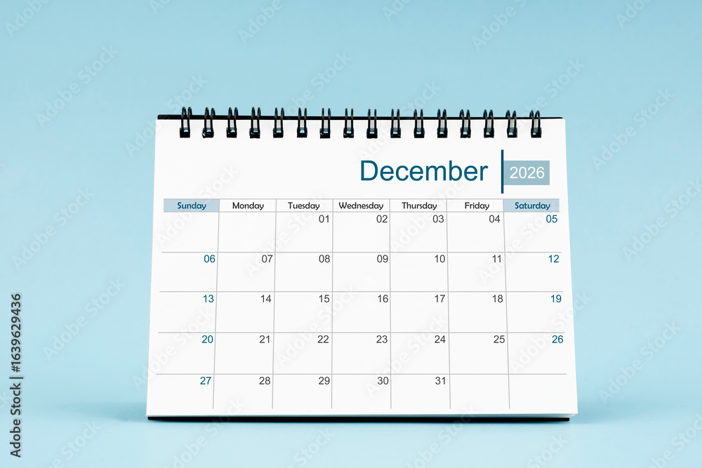 custom made wallpaper toronto digitalDecember 2026 Monthly desk calendar for 2026 year on soft blue color background.