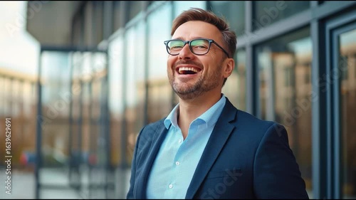 Wallpaper Mural A confident businessman in a suit and glasses smiles while standing outdoors near a modern glass building Torontodigital.ca