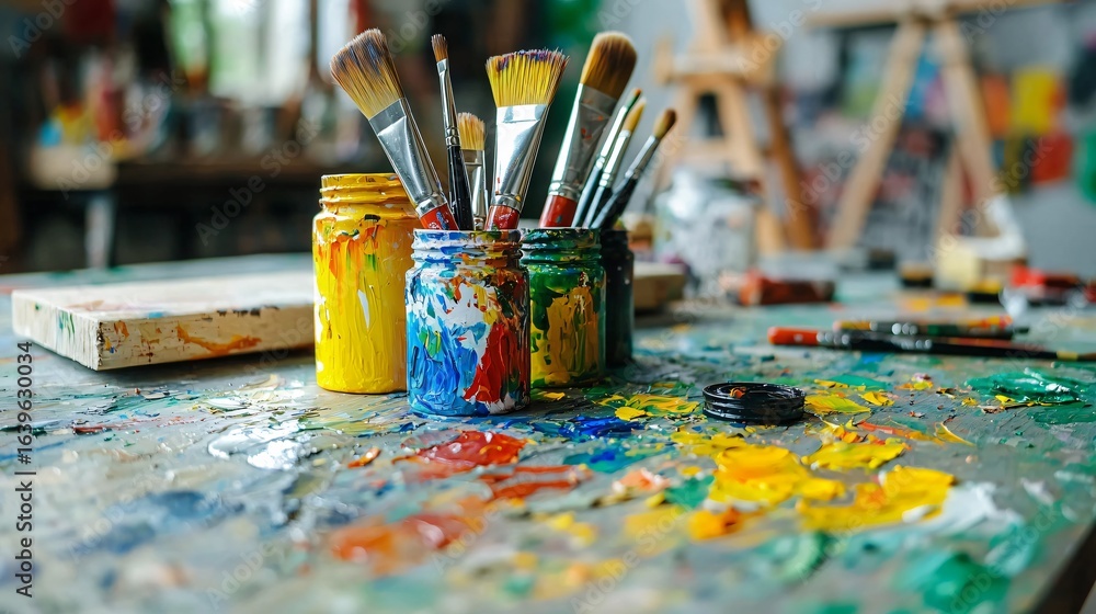 Fototapeta premium Artistic exploration of colorful paintbrushes in a creative studio environment inspiring artistic expression and imagination