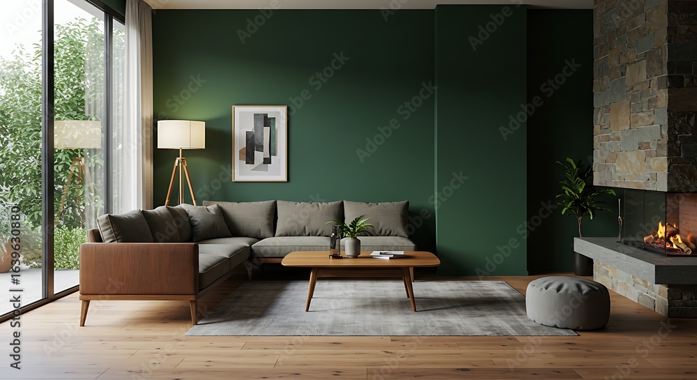 Obraz premium Chic Modern Living Room: Deep Green Walls, Stone Fireplace, and Natural Light