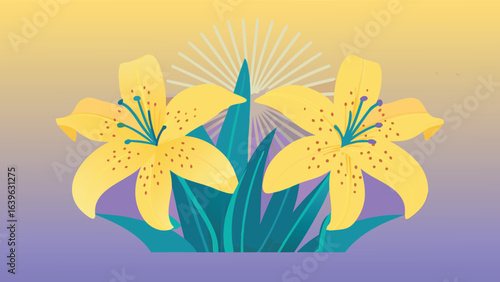 Two yellow lilies with green leaves against a gradient background with sunburst illustration artful design