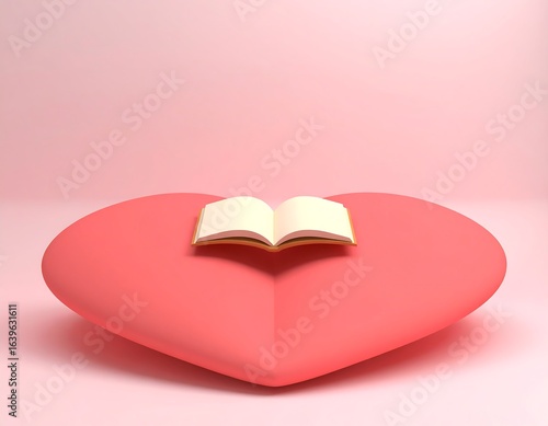 A minimalist 3D render features an open book resting on a large, soft pink heart. This conceptual image symbolizes a love for reading, education, and knowledge, set against a gentle pastel background.