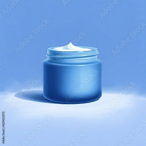 A blue cream jar with a rich skincare product, isolated on a soft blue background illustration.