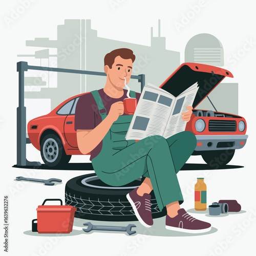 Mechanic taking a break reading newspaper with coffee sitting on tire in front of car in a garage scene