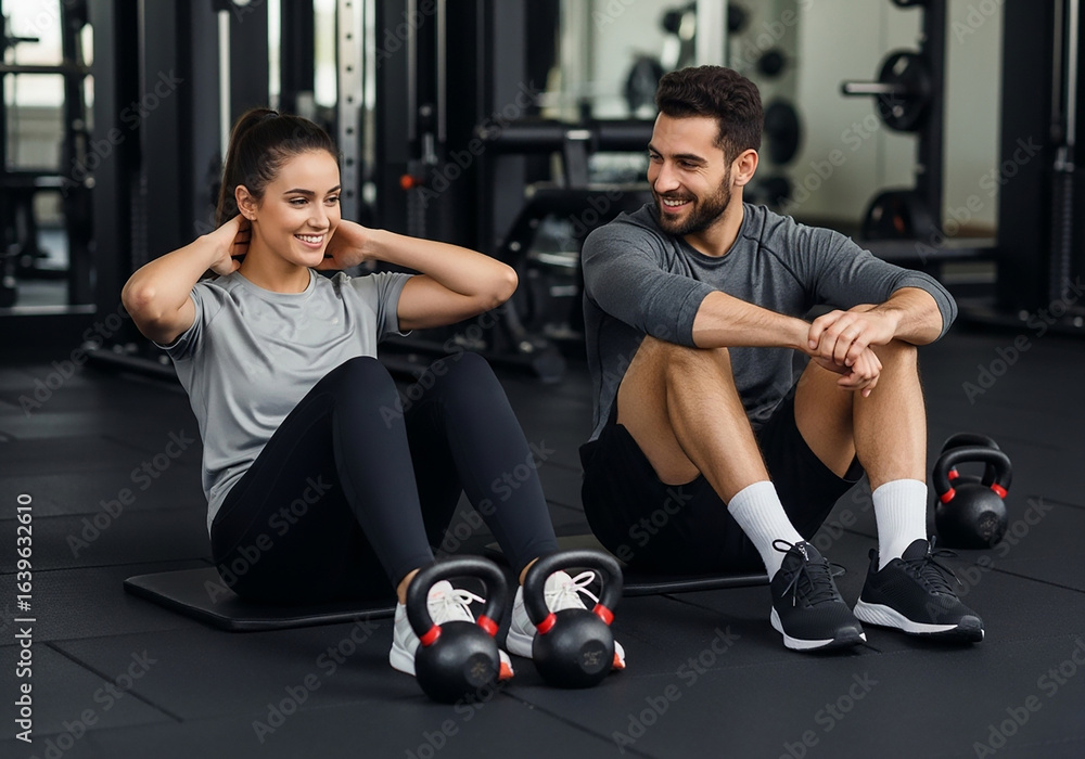 Obraz premium Young woman doing situps with kettlebells and a man sitting next to her in a gym looking at her smiling