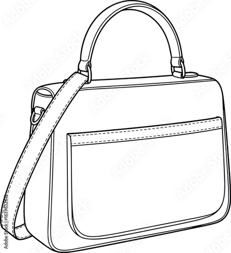 Handbag line drawing, fashion accessory sketch, shoulder bag illustration, detailed purse design, minimalist outline, stylish bag concept artPrint